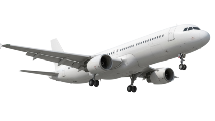 Modern white passenger airplane isolated PNG on transparent background, commercial aviation aircraft for travel and transportation industry