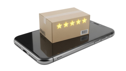 Cardboard box with five star rating isolated on smartphone PNG, online shopping and delivery service concept on transparent background
