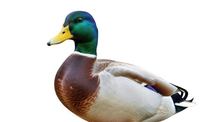 Mallard duck PNG isolated on transparent background, colorful male wildfowl with green head and yellow beak for nature designs