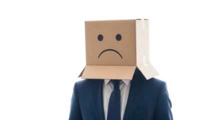 Sad businessman with cardboard box on head isolated PNG, anonymous person with unhappy face for mental health and emotional expression