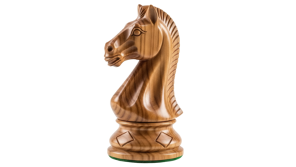 Wooden chess knight piece isolated PNG, handcrafted game piece for strategy and intellectual pursuits on transparent background