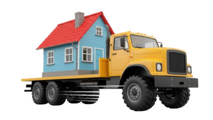 Yellow flatbed truck carrying a blue house isolated PNG, concept of moving relocation and transportation on transparent background