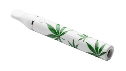White vape pen with cannabis leaf design isolated PNG, electronic cigarette for vaping marijuana and CBD oil on transparent background