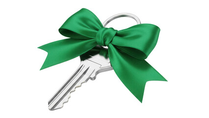 Silver key with green bow isolated PNG on transparent background, gift for new house or car concept for celebration and real estate