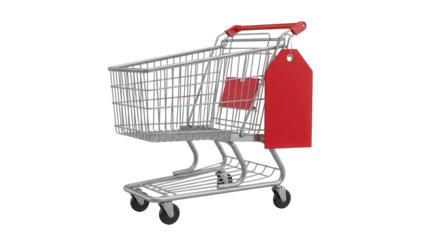 Silver metal shopping cart with red tag isolated PNG, retail trolley for supermarket or grocery store on transparent background