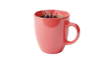 Steaming pink coffee mug isolated PNG, hot beverage in cup for breakfast or break time on transparent background