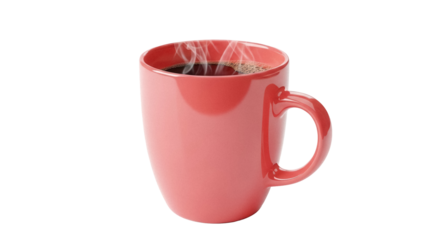 Steaming pink coffee mug isolated PNG, hot beverage in cup for breakfast or break time on transparent background