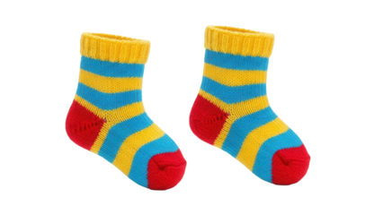 Pair of colorful striped baby socks isolated PNG, cute knitted wool socks for infants and toddlers on transparent background
