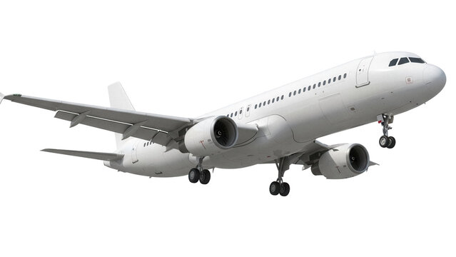 Modern white passenger airplane isolated PNG on transparent background, commercial aviation aircraft for travel and transportation industry