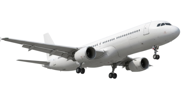 Modern white passenger airplane isolated PNG on transparent background, commercial aviation aircraft for travel and transportation industry