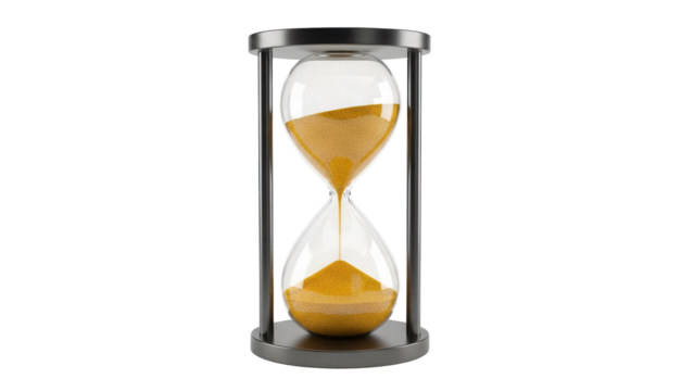 Elegant hourglass with golden sand isolated PNG, time management concept for deadlines and productivity