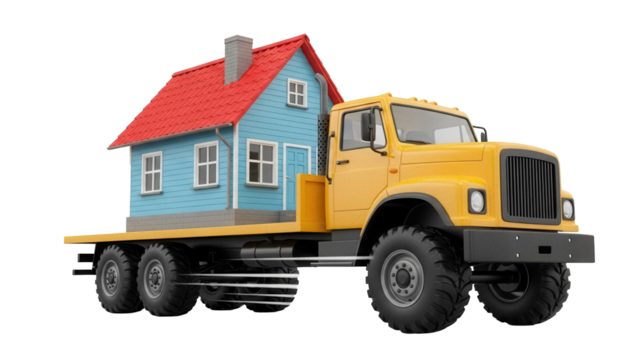 Yellow flatbed truck carrying a blue house isolated PNG, concept of moving relocation and transportation on transparent background