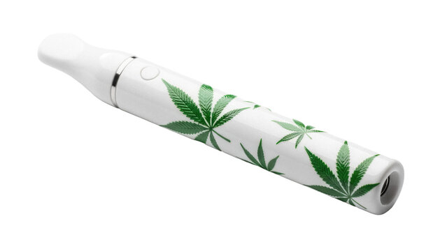 White vape pen with cannabis leaf design isolated PNG, electronic cigarette for vaping marijuana and CBD oil on transparent background