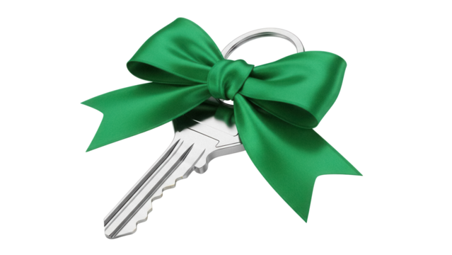 Silver key with green bow isolated PNG on transparent background, gift for new house or car concept for celebration and real estate
