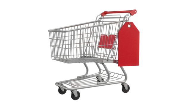 Silver metal shopping cart with red tag isolated PNG, retail trolley for supermarket or grocery store on transparent background