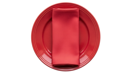 Red dinner plate with matching napkin isolated PNG, elegant table setting for special occasions and restaurant menus on transparent background