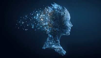 Futuristic profile, formed from blue light particles, dissipating with energy