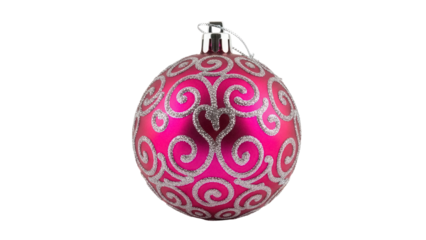 Pink Christmas ball with silver glitter swirls isolated PNG, festive holiday ornament for Christmas tree decoration and seasonal design