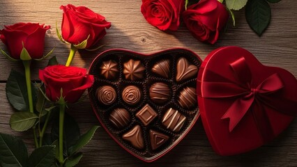 Luxurious heart shaped box of assorted chocolates surrounded by deep red roses on a rustic wooden surface