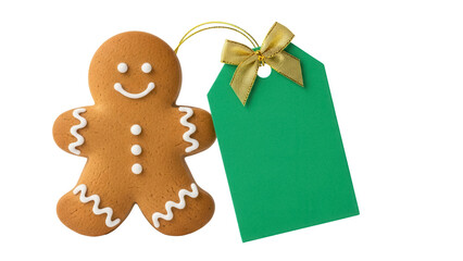 Festive gingerbread man cookie with green gift tag PNG isolated, Christmas holiday treat for seasonal greetings and marketing © Hughes