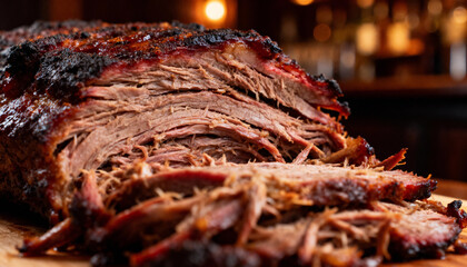 Pulled smoked beef brisket with rustic BBQ ambiance