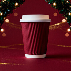 Red ribbed coffee cup with Christmas lights