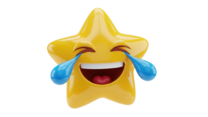 Laughing star emoji PNG isolated on transparent background, yellow cartoon character with tears of joy for social media and design use