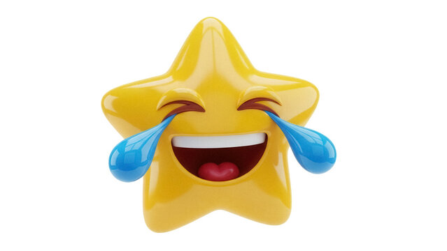 Laughing star emoji PNG isolated on transparent background, yellow cartoon character with tears of joy for social media and design use
