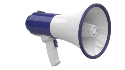 Blue and white megaphone PNG isolated on transparent background, public address system for announcements and emergency situations