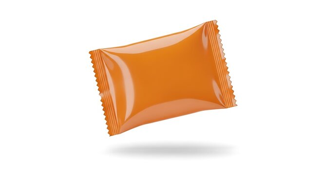 Single orange candy wrapper with sealed edges, isolated on white background