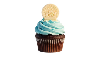 Festive chocolate cupcake with blue frosting and snow globe decoration isolated PNG, holiday treat for Christmas and winter celebrations