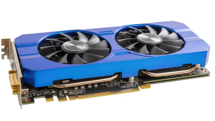 Blue dual fan graphics card isolated PNG, computer hardware component for gaming and high performance computing on transparent background