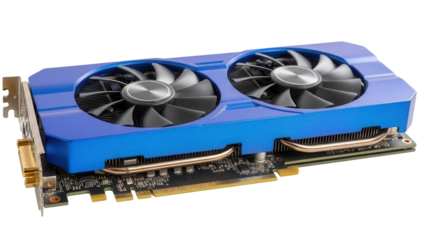 Blue dual fan graphics card isolated PNG, computer hardware component for gaming and high performance computing on transparent background