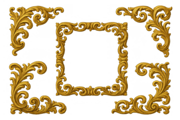 Golden ornate frame elements set with baroque filigree scrollwork, decorative antique corners and border details
