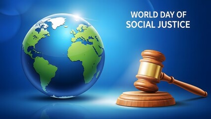 World day of social justice earth globe and gavel symbolizing global fairness