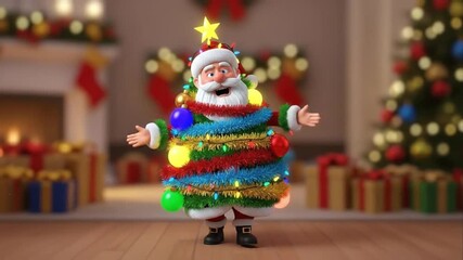 Animated santa claus decorated as a christmas tree in a festive setting - Powered by Adobe