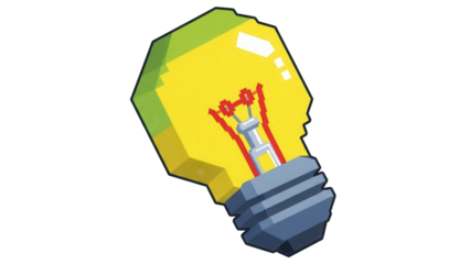 Pixel art light bulb PNG isolated on transparent background, retro 8-bit style idea concept for graphic design and creative projects