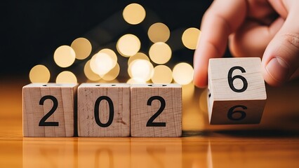 Hand placing wooden block with number 6 to complete the year 2026 celebration concept with bokeh lights in background