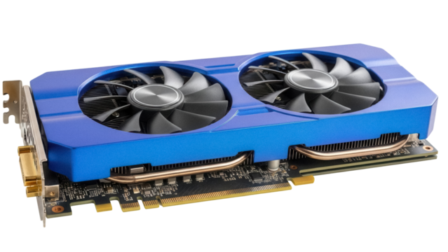 Blue dual fan graphics card isolated PNG, computer hardware component for gaming and high performance computing on transparent background