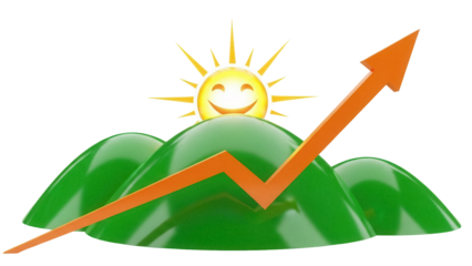 Optimistic growth chart with smiling sun over green hills isolated PNG, positive trend concept on transparent background
