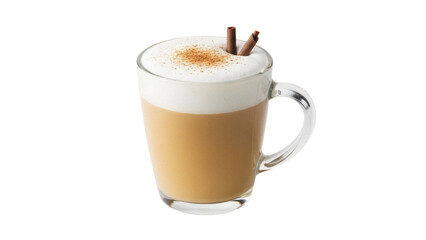 Latte macchiato in glass mug isolated PNG, layered coffee drink with milk foam and cinnamon sticks on transparent background