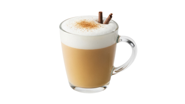 Latte macchiato in glass mug isolated PNG, layered coffee drink with milk foam and cinnamon sticks on transparent background - Powered by Adobe