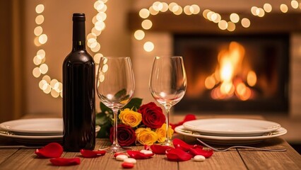 Romantic dinner setting with wine glasses red roses and a cozy fireplace illuminated by warm fairy lights