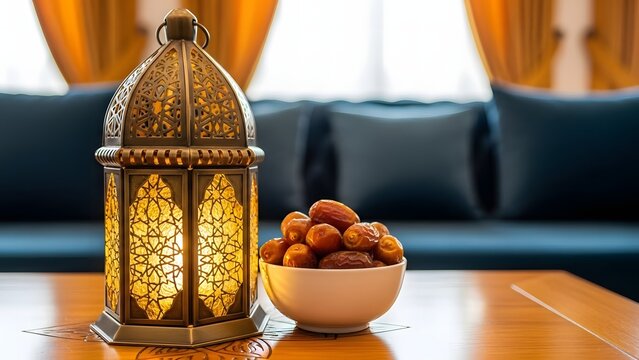 Traditional ramadan lantern and bowl of dates on a wooden table