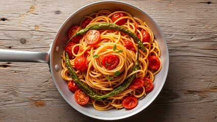Delicious spaghetti with cherry tomatoes and asparagus in a pan