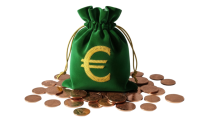Green velvet money bag with euro sign and coins isolated PNG, symbol of wealth and prosperity for finance and business concepts