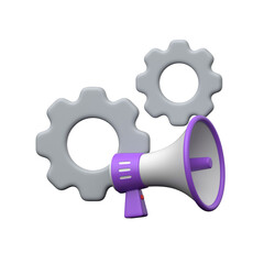3D gears with megaphone symbolizing automated marketing workflows.