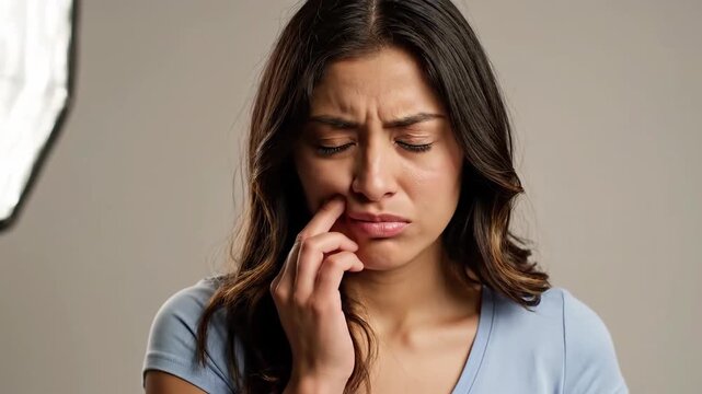 Woman Visibly Unhappy and in Distress, Touching Face and Expressing Discomfort