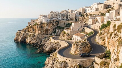 Winding coastal road near white cliffside town in italy