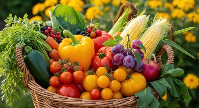 A bountiful basket overflowing with a vibrant assortment of fresh, ripe garden vegetables and fruits, showcasing nature's delicious harvest. - Powered by Adobe